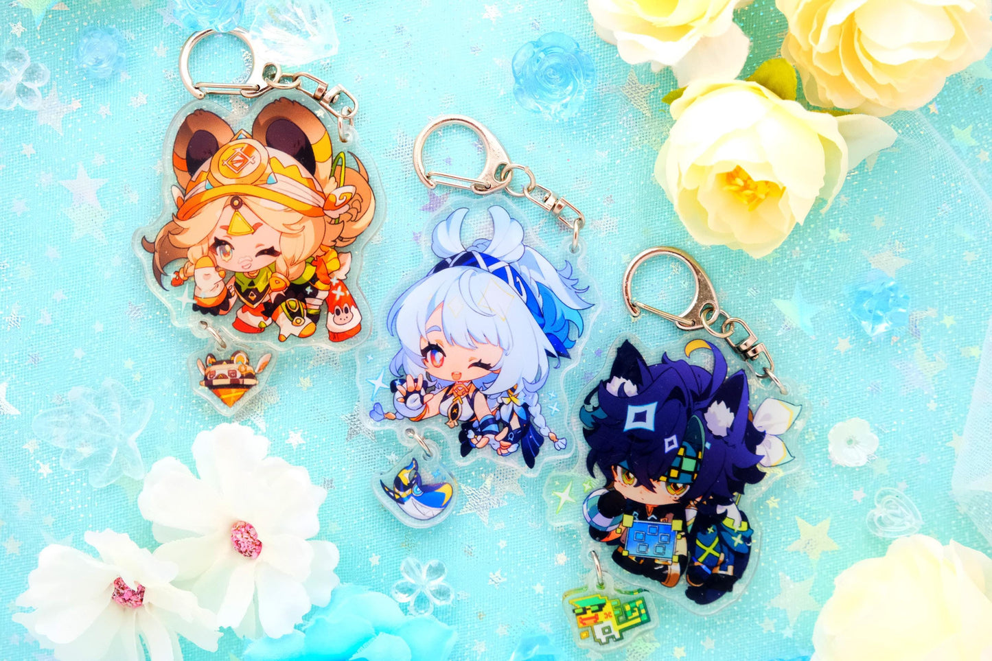 Natlan and more - Genshin Impact Chibi Animal Ears Style Keychains With Small Charm - Clear Acrylic - Ultra High Quality!