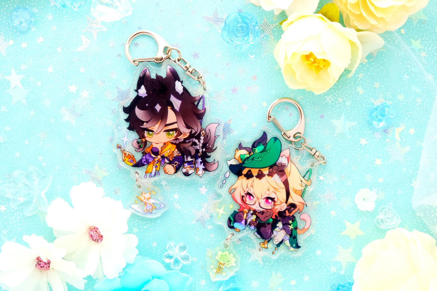 Natlan and more - Genshin Impact Chibi Animal Ears Style Keychains With Small Charm - Clear Acrylic - Ultra High Quality!