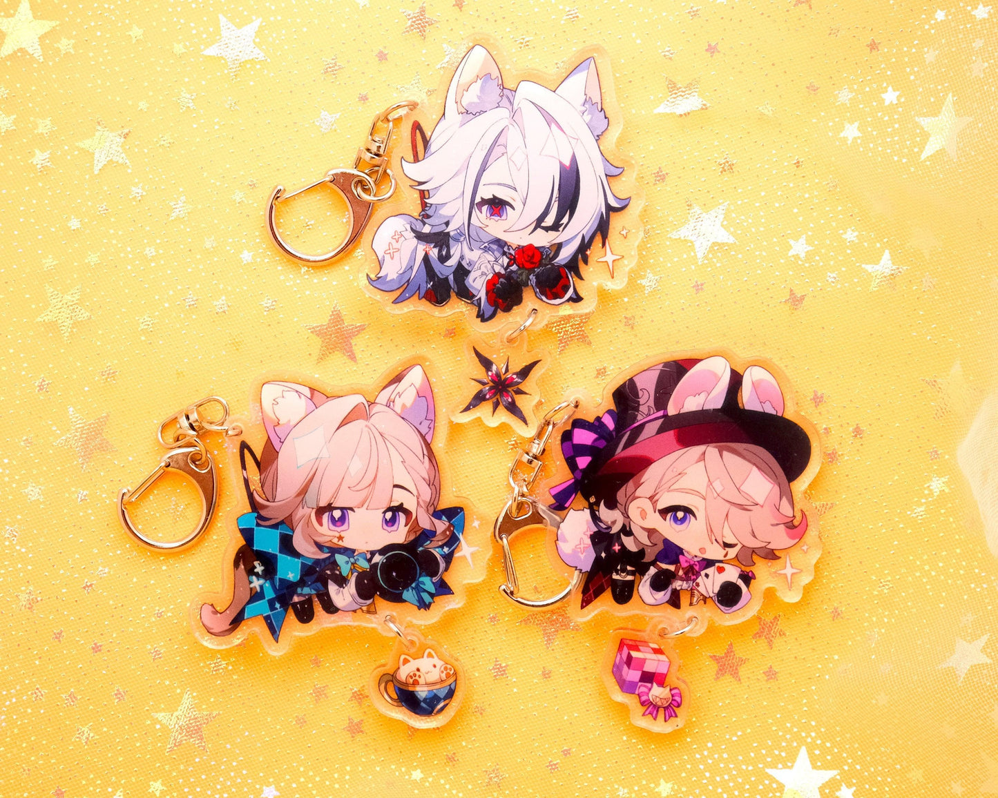 Fontaine, Sumeru, and more - Genshin Impact Chibi Animal Ears Style Keychains With Small Charm - Clear Acrylic - Ultra High Quality!