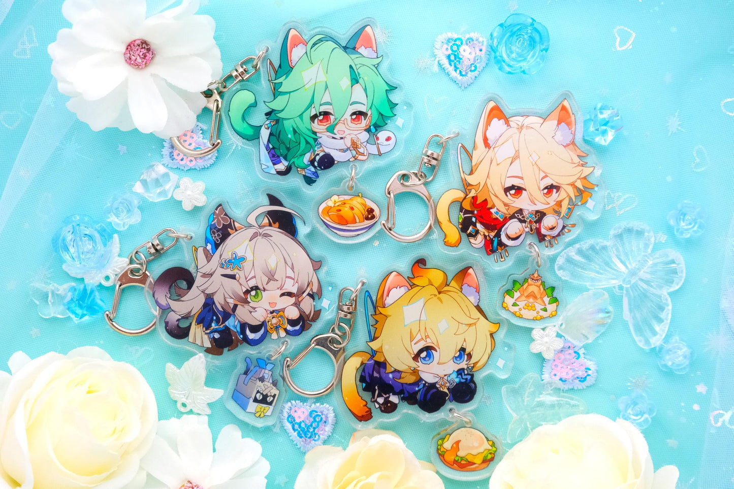 Fontaine, Sumeru, and more - Genshin Impact Chibi Animal Ears Style Keychains With Small Charm - Clear Acrylic - Ultra High Quality!