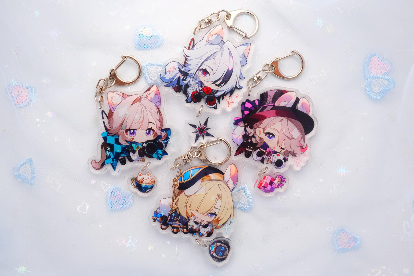 Fontaine, Sumeru, and more - Genshin Impact Chibi Animal Ears Style Keychains With Small Charm - Clear Acrylic - Ultra High Quality!